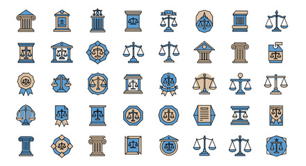 Obraz premium Icon set representing law and justice includes various scales of balance, courtroom pillars, and legal symbols in blue and tan colors.