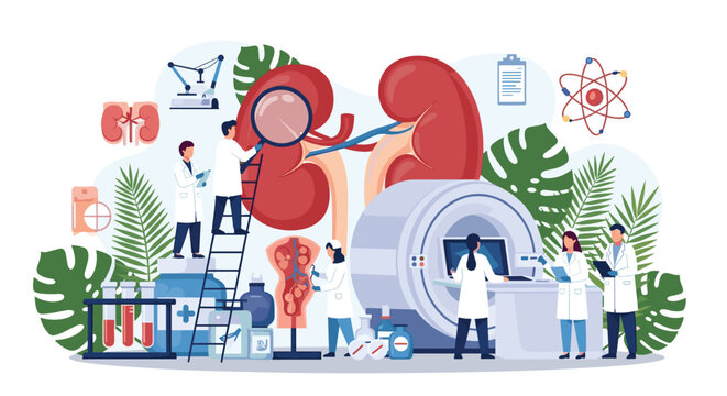 Medical illustration shows tiny doctors examining giant human kidneys with a magnifying glass and scanners to highlight healthcare topics.