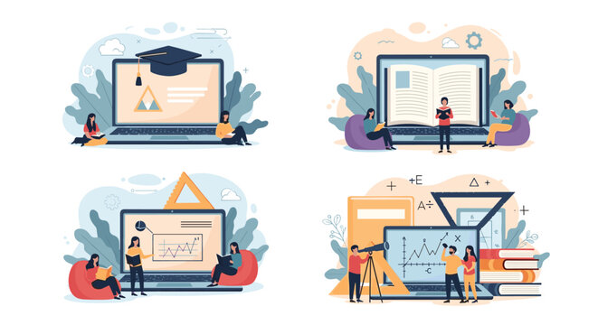 Collection of four illustrations depicting modern online education through laptops, digital books, and students studying at home in chairs.