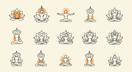 Elegant set of fifteen yoga pose icons in a minimalist line art style with orange circles represents holistic wellness and balance.
