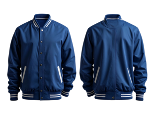 Blue satin athletic jacket, front & back views, ribbed cuffs/collar