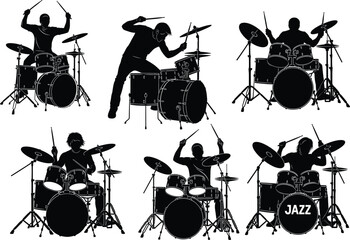 Silhouettes of Drummers in Jazz and Rock Styles