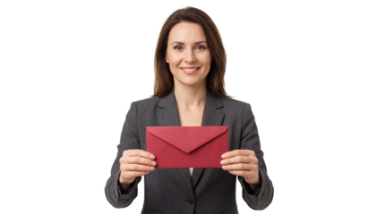 Smiling Businesswoman Holding Red Envelope isolated PNG with Transparent Background