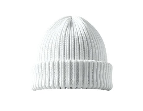 A close-up studio shot of a white ribbed knit beanie on a dark background