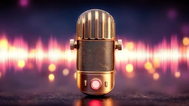 Vintage gold microphone with sound wave lights background