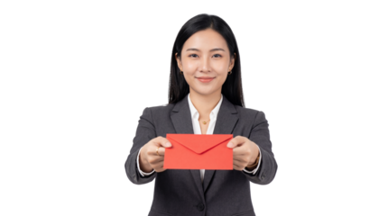 Smiling Asian Businesswoman Offering Red Envelope isolated PNG with Transparent Background