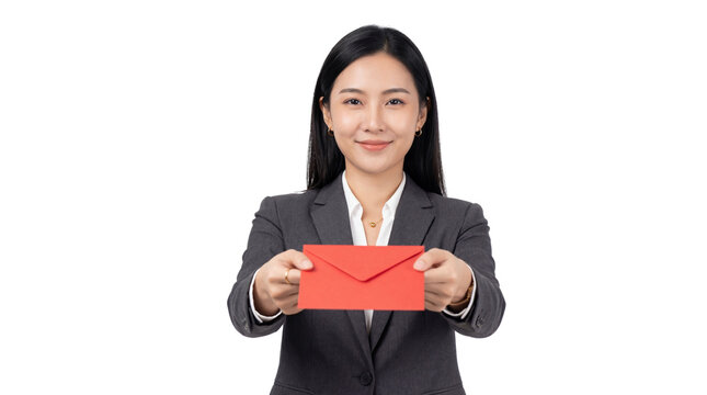 Smiling Asian Businesswoman Offering Red Envelope isolated PNG with Transparent Background