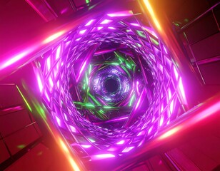 Animated tunnel featuring neon geometric structures and a sense of infinite depth