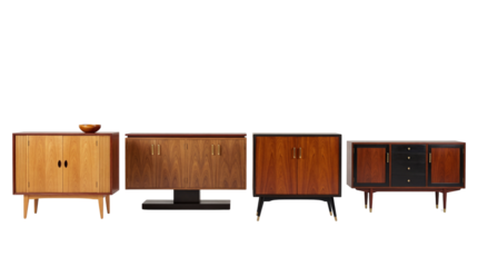 Set of 4 Mid-Century Modern Wooden Sideboards Product Shot isolated PNG with Transparent Background