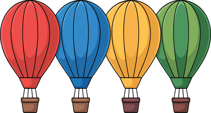 A colorful illustration of four hot air balloons floating gently in the sky