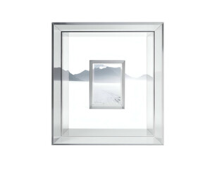 Reflective, layered framing reveals a minimalist, icy mountain landscape