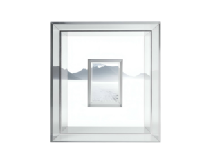 Reflective, layered framing reveals a minimalist, icy mountain landscape