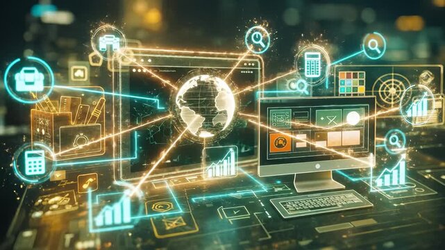 Holographic Browser Window Floating Above Circuit Board Surface With Floating Neon Tools and Charts Over Desktop Monitor in Night Cityscape