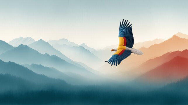 Colombian Flag Colors Forming Condor Flying Above Mountain Landscape, Symbolic National Illustration With Layered Peaks, Freedom, Identity, Travel and Cultural Concept