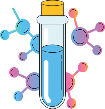 A colorful illustration of a test tube surrounded by molecular structures on a white background