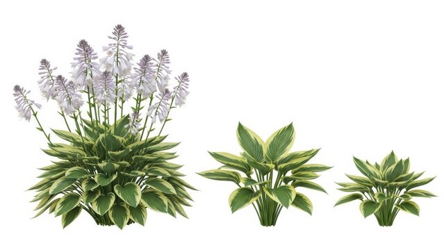 Hosta Plant Collection Variegated Leaves, White Flowers, Garden Plants on White Background