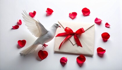 White dove with open envelope and red rose petals, romantic composition