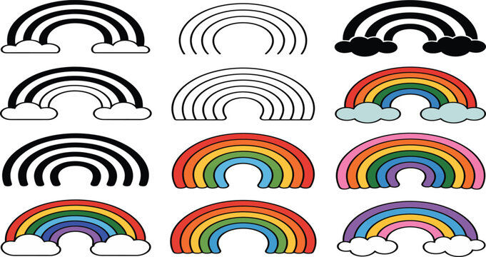 A colorful illustration of various rainbow designs on a white background