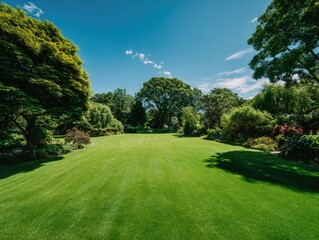 Brightly lit park with grass and trees