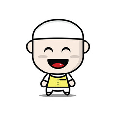 Cute Cartoon Character of a Happy Smiling Muslim Boy Wearing a White Kufi Cap and Yellow Shirt