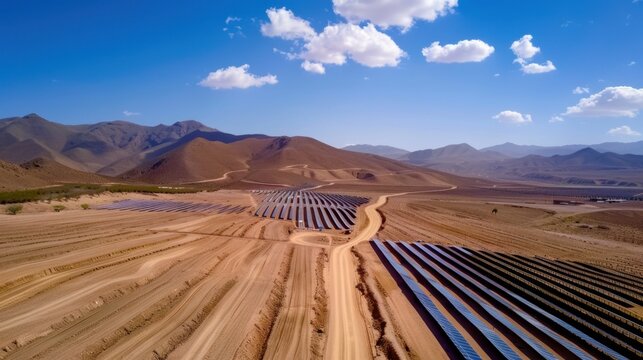 Aerial View of Solar Panels in a Desert Landscape with Mountain Backdrop and Clear Blue Sky