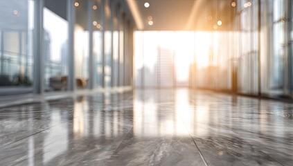 Fototapeta premium Modern, sunlit interior with glossy floor and cityscape visible through large windows