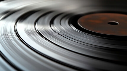 Macro shot of the surface of an old vinyl record with grooves in sharp focus and shallow depth of field, highlighting texture, nostalgia, and analog music charm.
