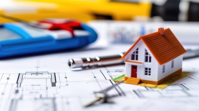 Detailed Blueprint Layout with Miniature House Model and Construction Tools on Workspace Desk