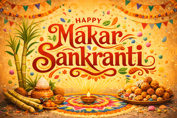 Traditional Makar Sankranti Illustration Featuring Tilgul, Sugarcane and Pooja Thali