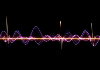 Dynamic flowing rhythmic waves, visualizing energy transmission or vital signs monitoring against a deep black background, digital, audio, sound