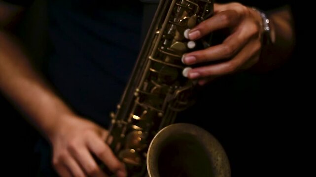 A detailed close-up of a male musician&rsquo;s hand playing a golden saxophone during a jazz rehearsal. The image captures the warmth of brass tones and the texture of the instrument, highlighting passion, 