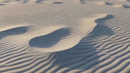 Obraz premium Close-up view of desert sand dunes with shadows and textures under sunlight.