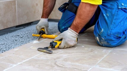 Skilled Craftsman Using Tools to Install Floor Tiles in Home Renovation Project with Gray Gravel