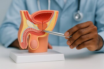 Anatomical Insight: A medical professional uses a pointer to highlight features of the male reproductive system. This image is a focused shot emphasizing the prostate, bladder.