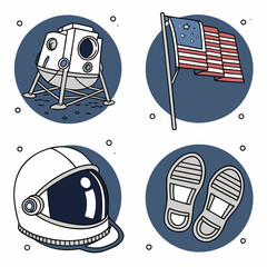 Moon Mission Exploration Icons with Lunar Lander and Flag © Baby