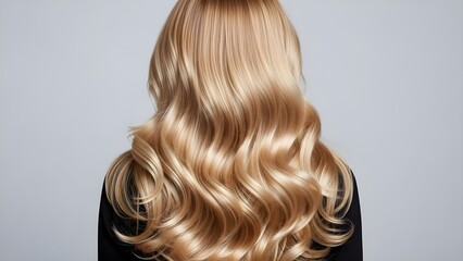 Fototapeta premium Back View of Woman with Long Wavy Blonde Hair and Healthy Shine on Light Background