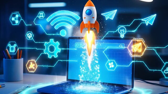 Cinematic 3D render of productive workspace desk at night with glowing holographic rocket launch from laptop screen, surrounded by neon digital holograms and steaming coffee mug.