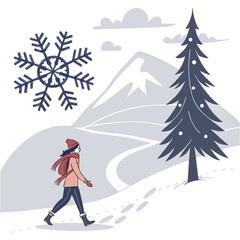 Minimal Winter Landscape Illustration with Snowflakes and Pine Trees