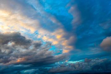 Amazing colorful dark sunset sunrise dramatic clouds panorama in Brazil.