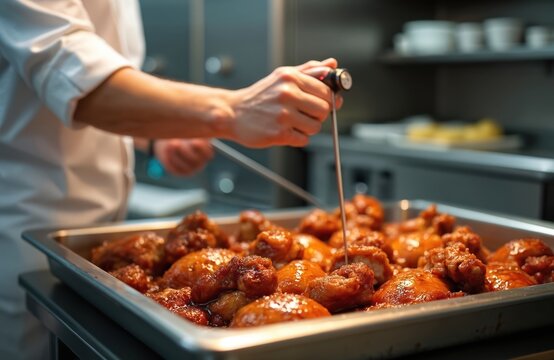 Chef uses thermometer to check glaze chicken dish temp. Cooked poultry wings in pan. Kitchen food prep with savory meat. Careful control for best flavor.