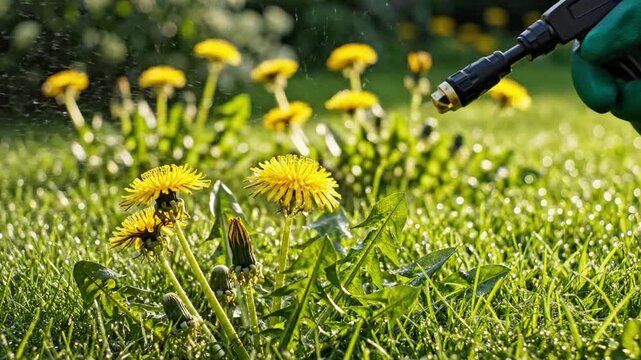 P700-Targeting weeds and yard weed problem as dandelion flowers as an unwanted plant on green grass targe 4K 10s