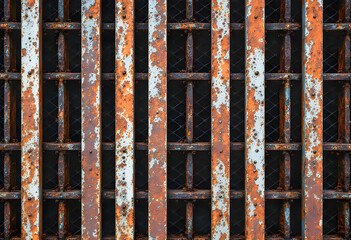 A grid of vertical and horizontal rusty metal bars with orange and brown corrosion and peeling paint forms a weathered industrial pattern against a dark background