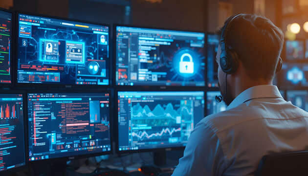 A man in a white shirt sits in front of multiple computer monitors displaying various data and security screens.