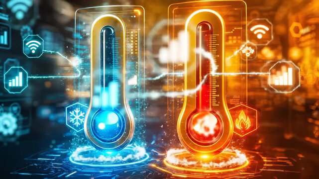 Cinematic Dual Glossy Thermometers with Blue Cooling Snowflake Frost and Red Heating Flame Sparks, Neon Holographics, Climate Control Dashboard Scene