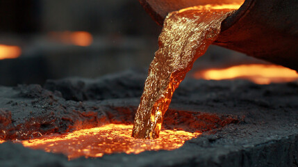 Molten metal pouring in a fiery stream, showcasing intense heat, industrial process, and dynamic flow with glowing liquid metal in a high-energy manufacturing scene