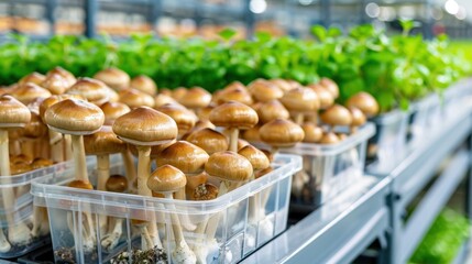 Freshly Cultivated Mushrooms in Transparent Containers in Controlled Greenhouse Environment