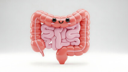 Adorable 3D illustration of a human digestive system with a cheerful face, representing health and wellness