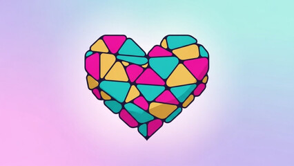 Vibrant geometric heart shape with pink, yellow and teal colors on gradient background, symbolizing love and positivity in modern design with colorful