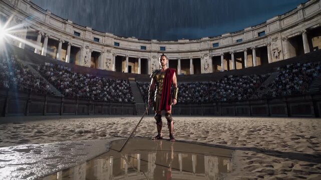 Gladiator stands in colosseum arena with sword facing crowd. Roman warrior in arena with spectators. Gladiator with sword in colosseum. Fighter poses in arena. Rain falls on ancient warrior.