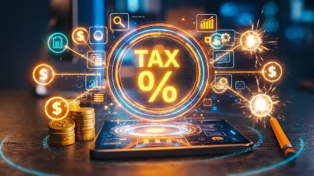 Cinematic Holographic Tax Zero Percent Interface Rising from Tablet, Golden Dollar Coins, Neon Financial Holographics on Office Desk Scene
